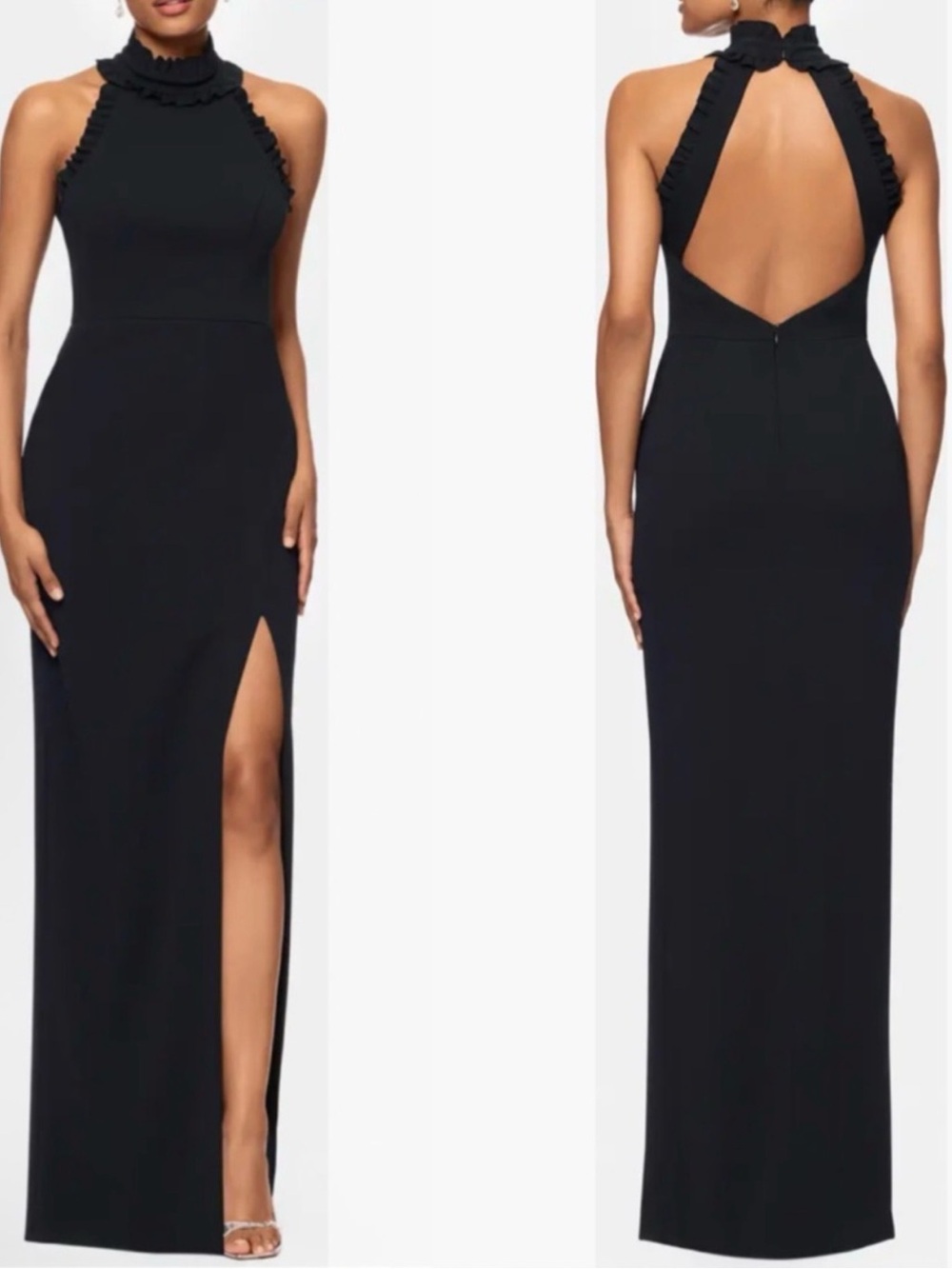 Xscape Black High-Neck Ruffle-Trim Backless Gown Sz 6 NwT